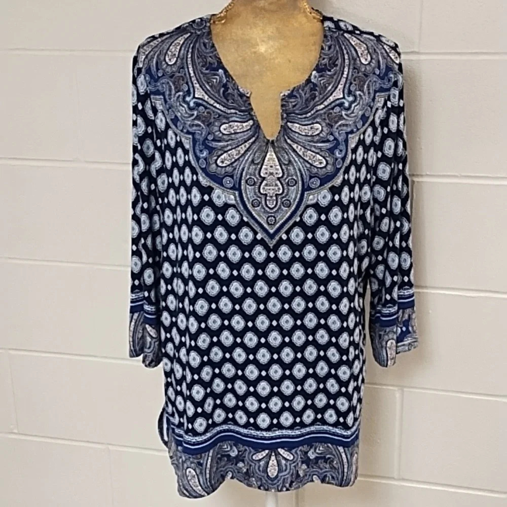 CHICO'S TUNIC, LAGENLOOK, BOHO, PRINT WITH BORDER, 3/4 BELL SLEEVE, V-NECK,